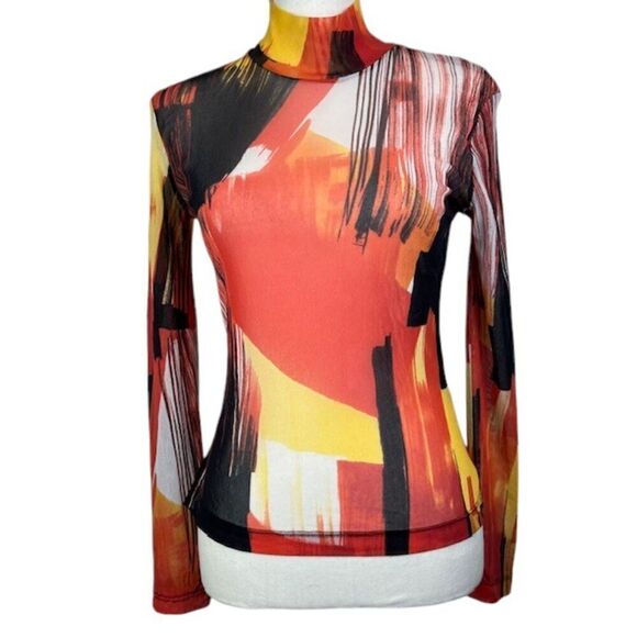 St. John Tops - St. John SoCa Sheer Bright Abstract Print Mock Neck Long Sleeve Top Size Small